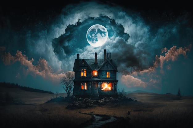 Straszny dom grozy na tle czarnego nieba ze świecącymi chmurami i płonącym księżycem