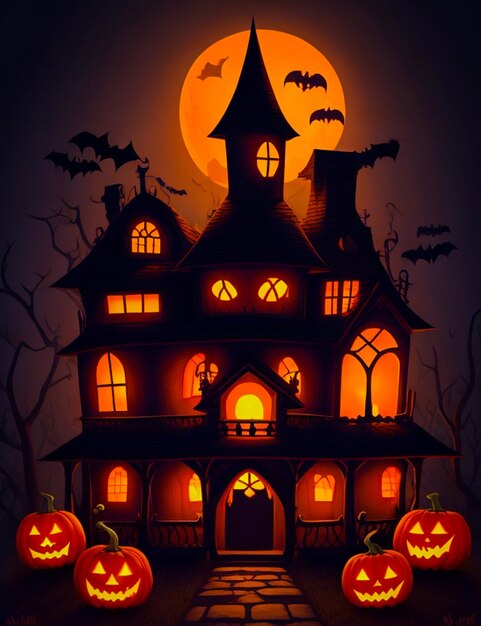 Straszny dom na Halloween z duchami i dyniami