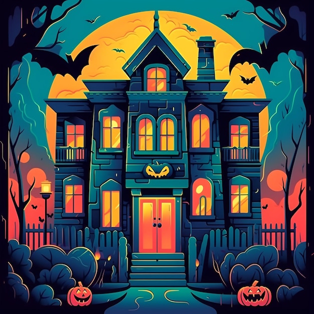 straszny dom płaski ilustracja halloween korporacyjny wektor 2d w stylu Memphis