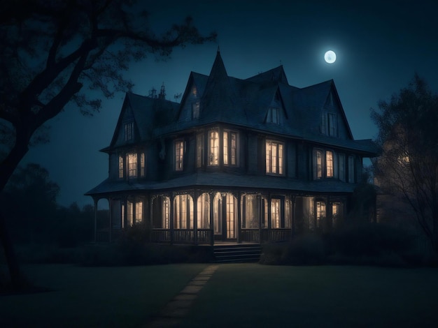 Straszny dom z włączonymi światłami w ciemności.