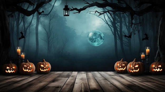 Straszny Halloweenowy las z nieżywymi drzewami i dyniami na drewnianym stole