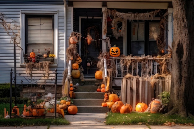 Straszny jack lantern halloween dynie w ciągu dnia ganek ze schodami w pobliżu domu na świeżym powietrzu dekoracja wigilijna święta dynia na tle halloween na świeżym powietrzu generowana sztuczna inteligencja