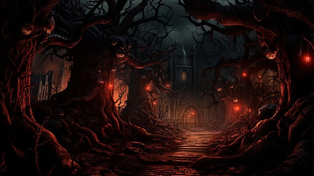 straszny las nocą z czerwonym światłem z drzew