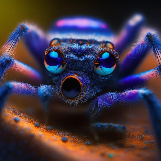 Straszny pajęczak makro czołga się z bliska, w centrum uwagi, kolorowa północ