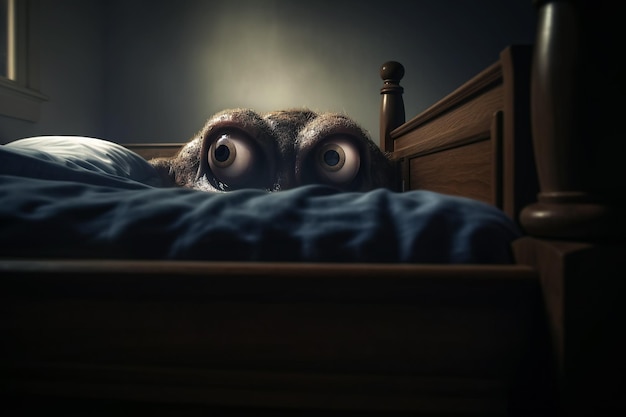 Straszny potwór w sypialni na łóżku w nocy w dziecięcym koszmarze Ilustracja Generative AI