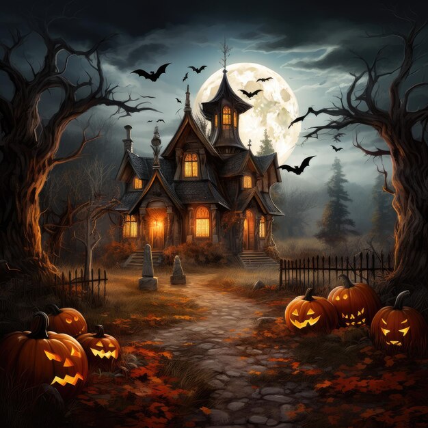 Straszny, straszny las z księżycem nietoperza dyniowego w przerażającą noc Halloween. Generatywna ai