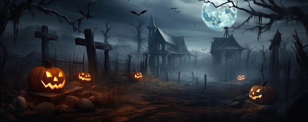 Straszny, straszny las z księżycem nietoperza dyniowego w przerażającą noc Halloween. Generatywna ai