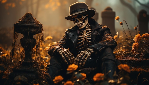 Straszny szkielet siedzący na grobie na cmentarzu Koncepcja Halloween