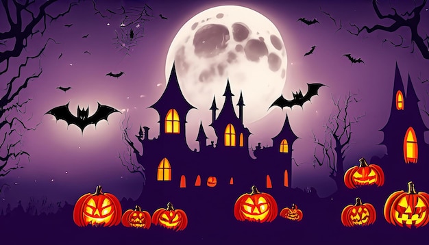 Straszny wektor Halloween krajobraz nawiedzony dom upiorny cmentarz latające nietoperze urzekająca czarownica
