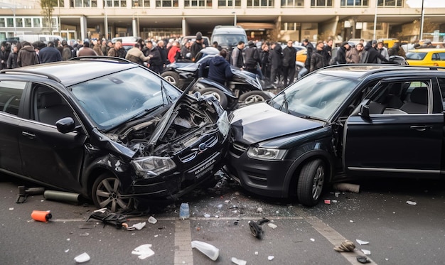 Straszny wypadek samochodowy w centrum miasta Mnóstwo widzów na rozmytym tle Generacyjna sztuczna inteligencja