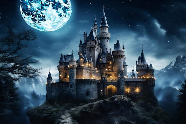 Straszny zamek w nocy nawiedzone miejsce na Halloween Ciemna scena z gotyckim zamkiem w pełni księżyca