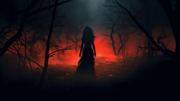 Straszny zły duch nawiedza mglisty las o północy niebezpieczny nieumarły widok w postaci kobiecej sylwetki Generatywna sztuczna inteligencja