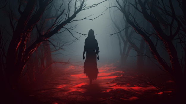 Straszny zły duch nawiedza mglisty las o północy niebezpieczny nieumarły widok w postaci kobiecej sylwetki Generatywna sztuczna inteligencja