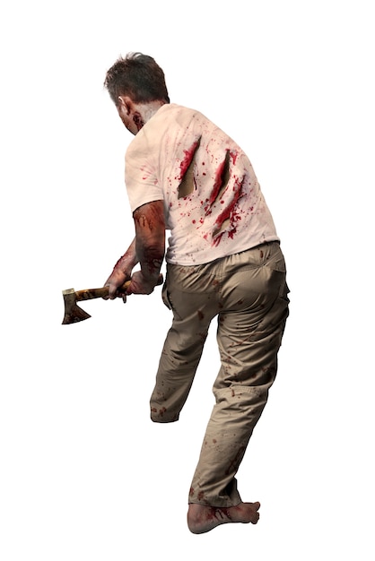 Straszny zombie z krwią i raną na ciele trzymający topór stojący na białym tle na białym tle