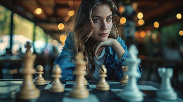 Strategiczna gra władzy dekodująca paralele między kobietą siedzącą w szachach i zawodami biznesowymi