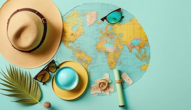 Zdjęcie straw hat map plane sunglasses and magnifying glass on blue background generated ai