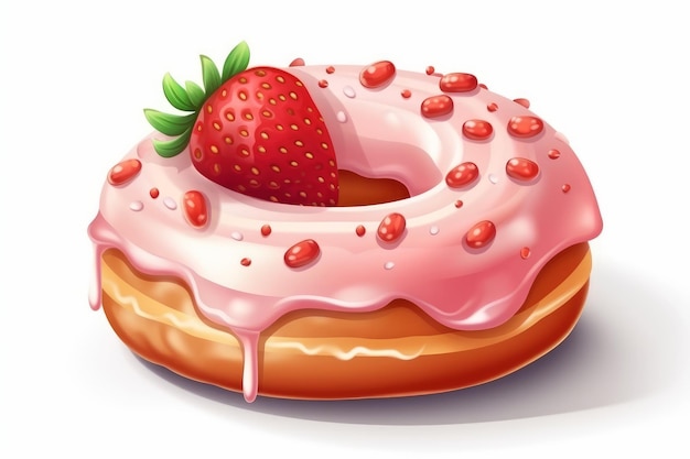 Strawberry Donut w stylu kreskówki na białym AI generowane