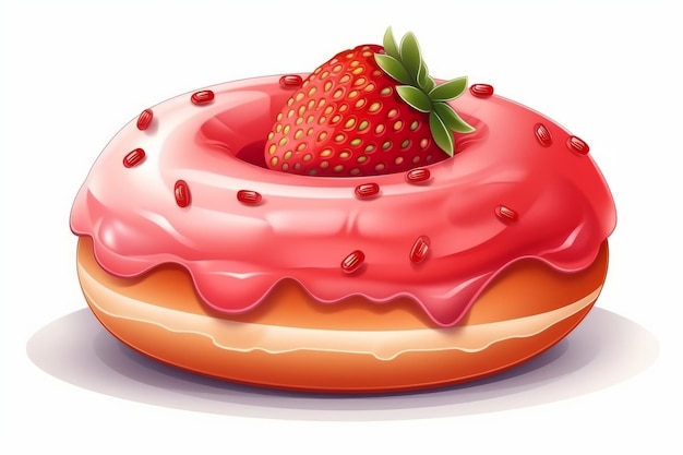 Strawberry Donut w stylu kreskówki na białym AI generowane