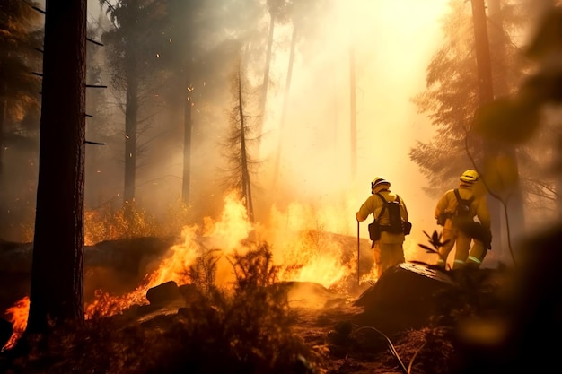 Strażacy gasią pożar lasu Pożary lasów to problem zmian klimatycznych i globalnego ocieplenia Generative ai