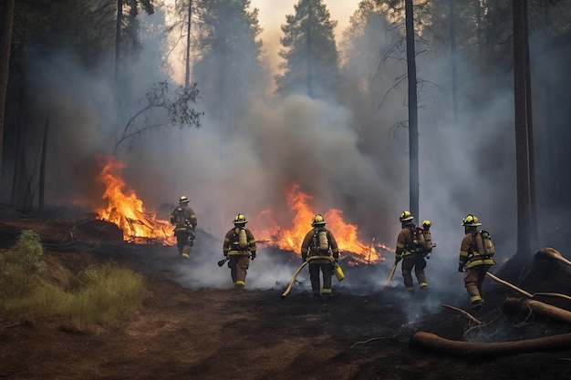 Strażacy gaszą pożar w lasie sosnowym o zachodzie słońca