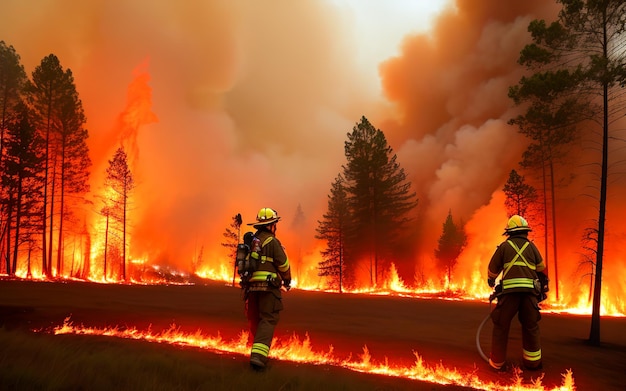 Strażacy pomogli w walce z pożarem Pożar lasu Fala upałów powoduje szybkie spalanie lasów i zniszczenie sylwetki klęski żywiołowej Pożar lasu Pożar buszu z płomieniami i chmurami dymu generatywne ai