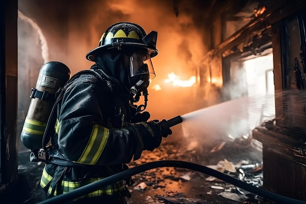 Strażacy rozpylający wodę podczas akcji przeciwpożarowej Szkoła regularnie szkoląca straż pożarną i ratowniczą Wygenerowana sztuczna inteligencja sieci neuronowej