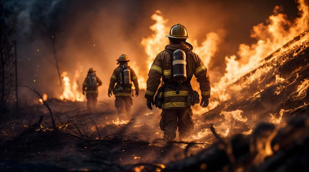 Zdjęcie strażacy ubrani w sprzęt ochronny zmierzają w kierunku szalejącego pożaru
