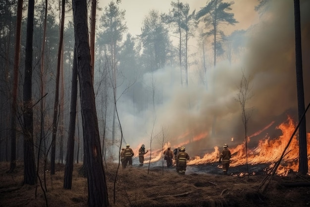 Strażacy walczący z pożarem lasu z dymem i płomieniami w tle Pożar lasu z drzewami w ogniu Strażacy próbujący powstrzymać pożar AI Wygenerowano