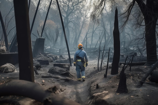 Strażak idący przez zwęglony las badający zniszczenia spowodowane pożarem