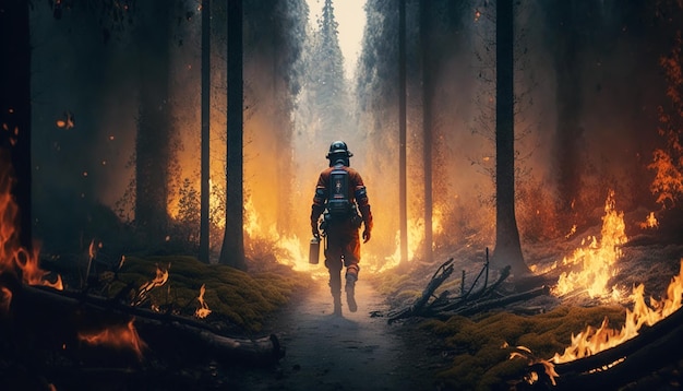 Strażak pracuje nad ogniem, strażak przechodzi przez płonący las generatywnej sztucznej inteligencji