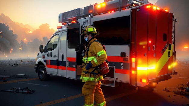 Strażak stoi przed wozem strażackim ze słowem ogień z boku.