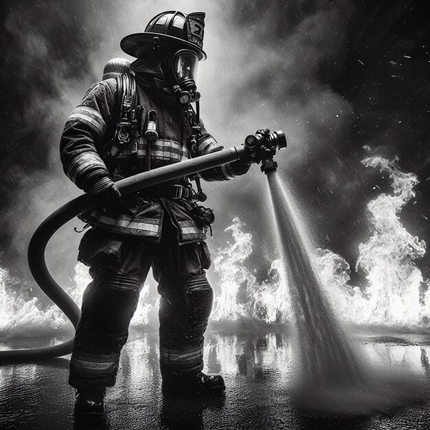 Strażak stojący przed ogniem