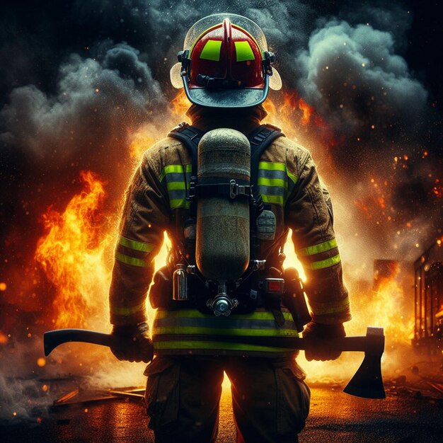 Zdjęcie strażak stojący przed ogniem