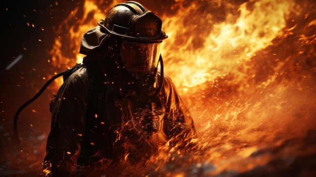 Strażak stojący w obliczu wielkiego ognia