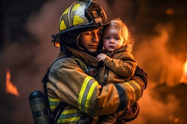 Zdjęcie strażak trzymający dziewczynkę w ramionach
