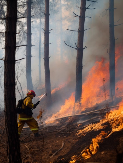 Zdjęcie strażak trzymający wąż stojący na pochyłym terenie strażak gaszący pożar w lesie generacyjna sztuczna inteligencja