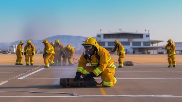 Strażak w akcji ze sprzętem przeciwpożarowym podczas szkolenia na lotnisku Generative AI