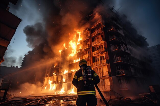 Strażak w mundurze bezpieczeństwa gaszy płonący dom.