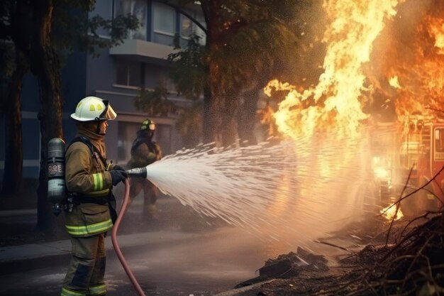 Strażak w pracy z wężem z pianki gaszący ogień w domu w lesie