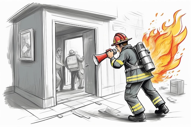 Strażak z megafonem ogłasza pożar Alarm ewakuacji awaryjnej Ostrzeżenie mieszkańców budynku Postacie