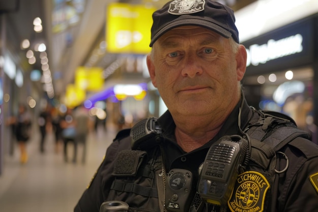 Zdjęcie strażnik bezpieczeństwa profesjonalny patrol bezpieczeństwa policjant pracownik centrum handlowego bezpieczny biznes chronić służyć
