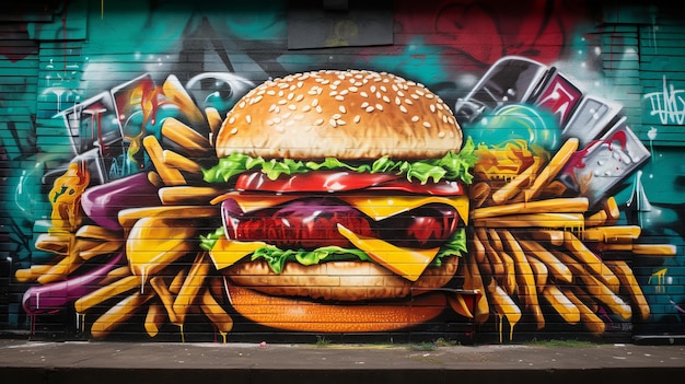 Zdjęcie street appetite vibrant graffitistyle mural z hamburgerami i frytkami