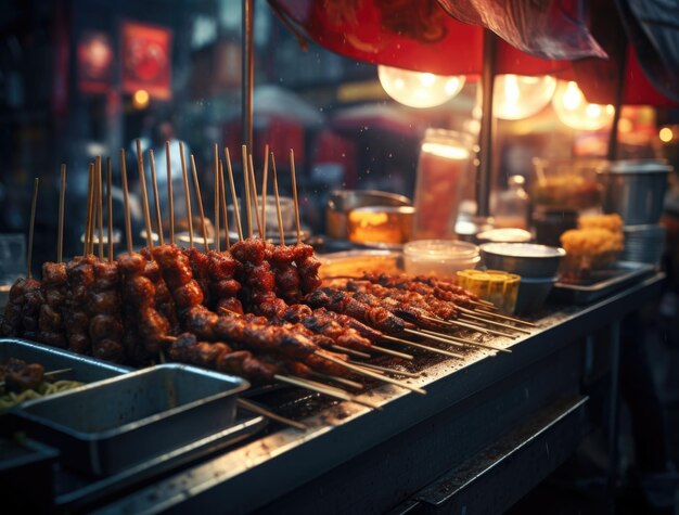 Street Food Skewers na grillu na nocnym targu