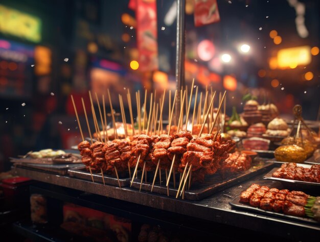 Street Food Skewers na grillu na nocnym targu