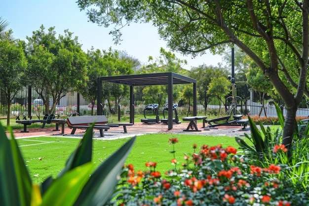 Zdjęcie strefa fitness parku miejskiego z bujną zielenią