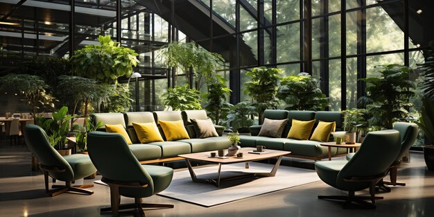 Strefa oczekiwania w nowoczesnym biurze z wygodną kanapą, wysokim stolikiem i krzesłami, zielonymi roślinami naturalnymi, stylem high tech, koncepcją organizacji przestrzeni roboczej wewnętrznej