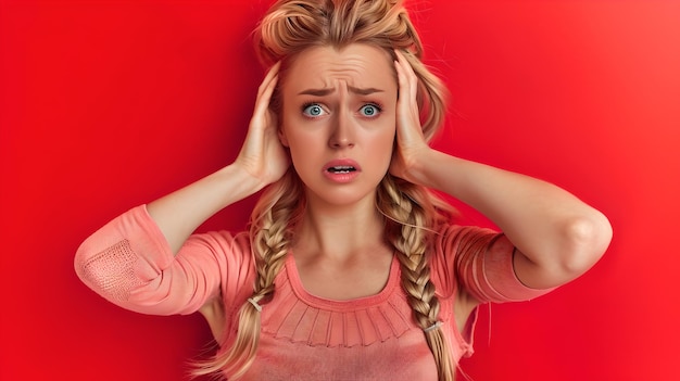 Stresowana młoda kobieta chwytająca głowę w rozpaczy Zszokowana niespokojna kobieta na czerwonym tle pokazująca panikę Doskonała dla treści związanych ze stresem AI