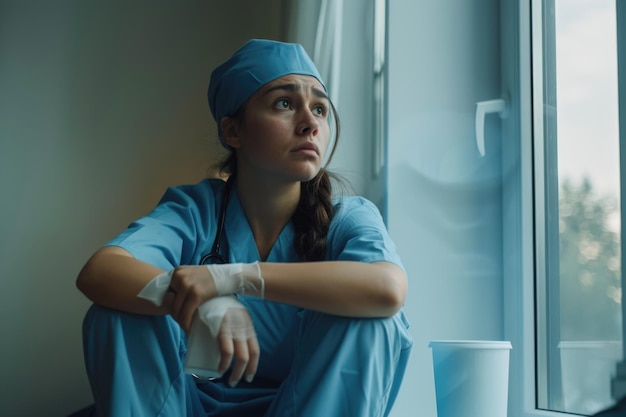 Stresowana pielęgniarka robi przerwę na kawę w zatłoczonym szpitalu.