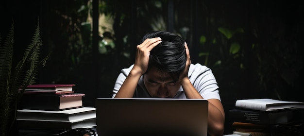 Stresowany młody biznesmen pracujący na laptopie w słabo oświetlonym biurze kopiowania tekstu