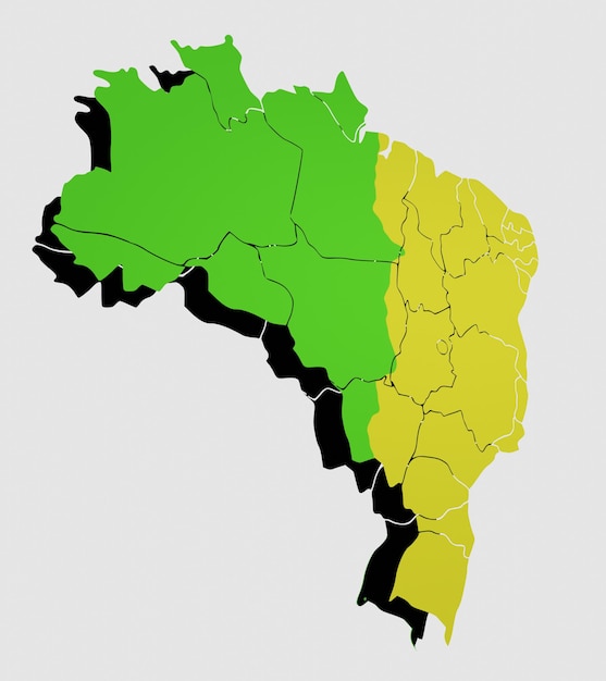 Zdjęcie streszczenie 3d ilustracja mapy brazylii w kolorze zielonym i żółtym po przekątnej z czarnym cieniem na białym tle